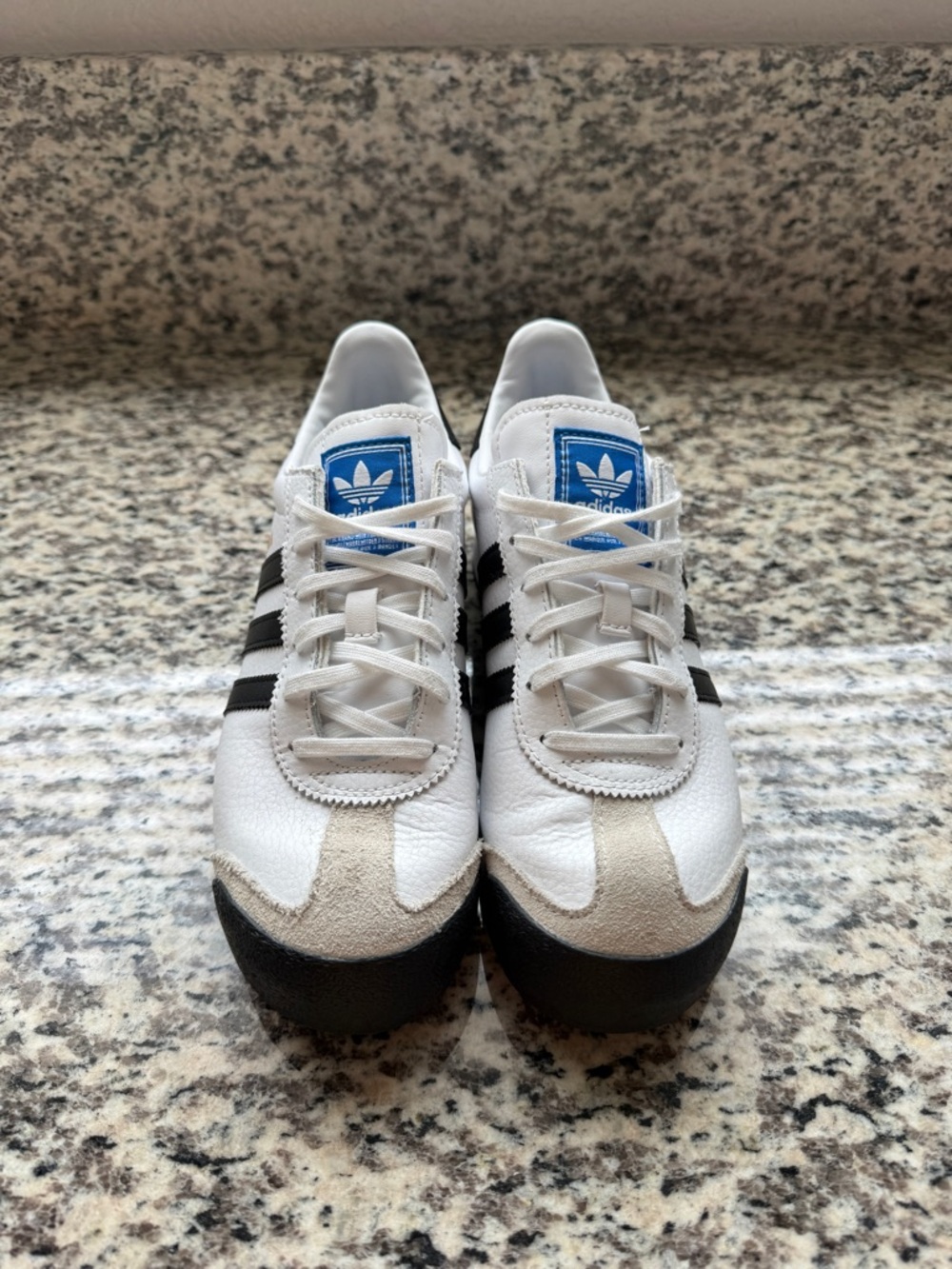 adidas Samoa Women’s White Sneakers with Black Stripes and Blue Tongue Logo